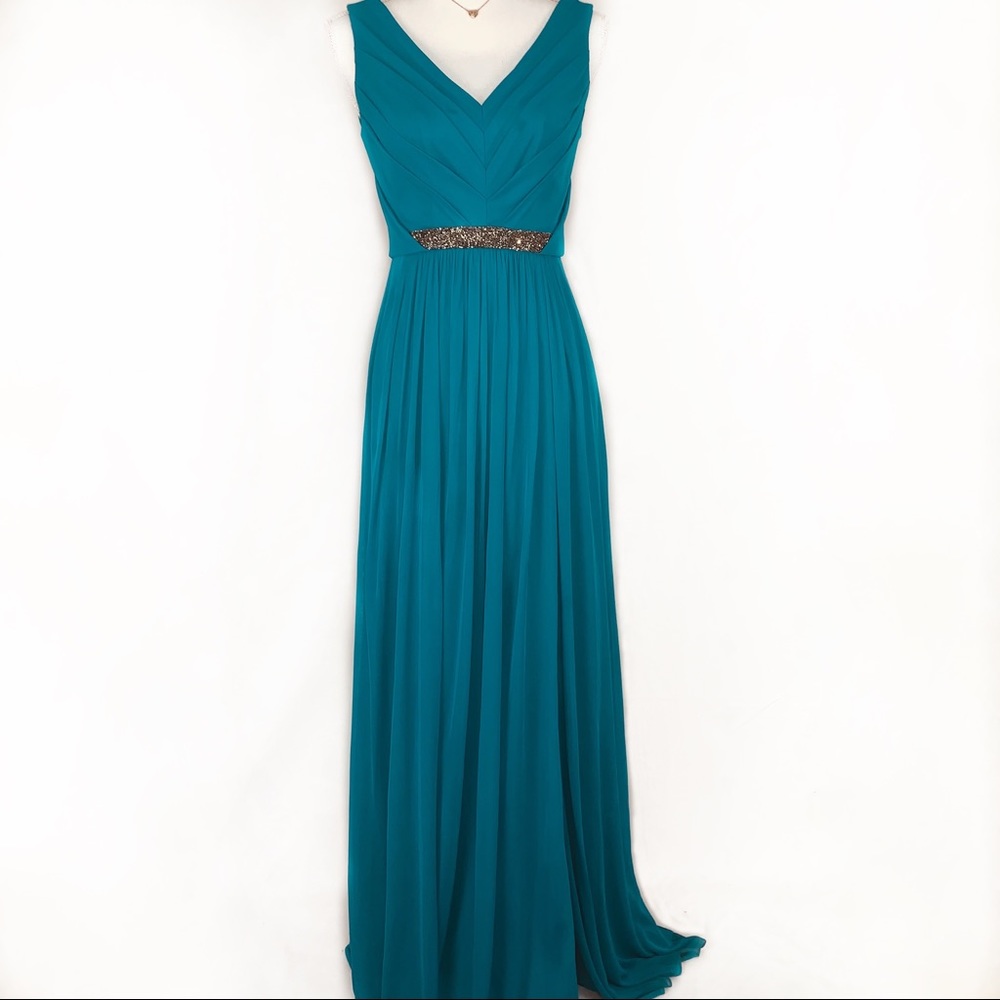 DAVID'S BRIDAL LONG MESH DRESS W/V-NECK BEADED